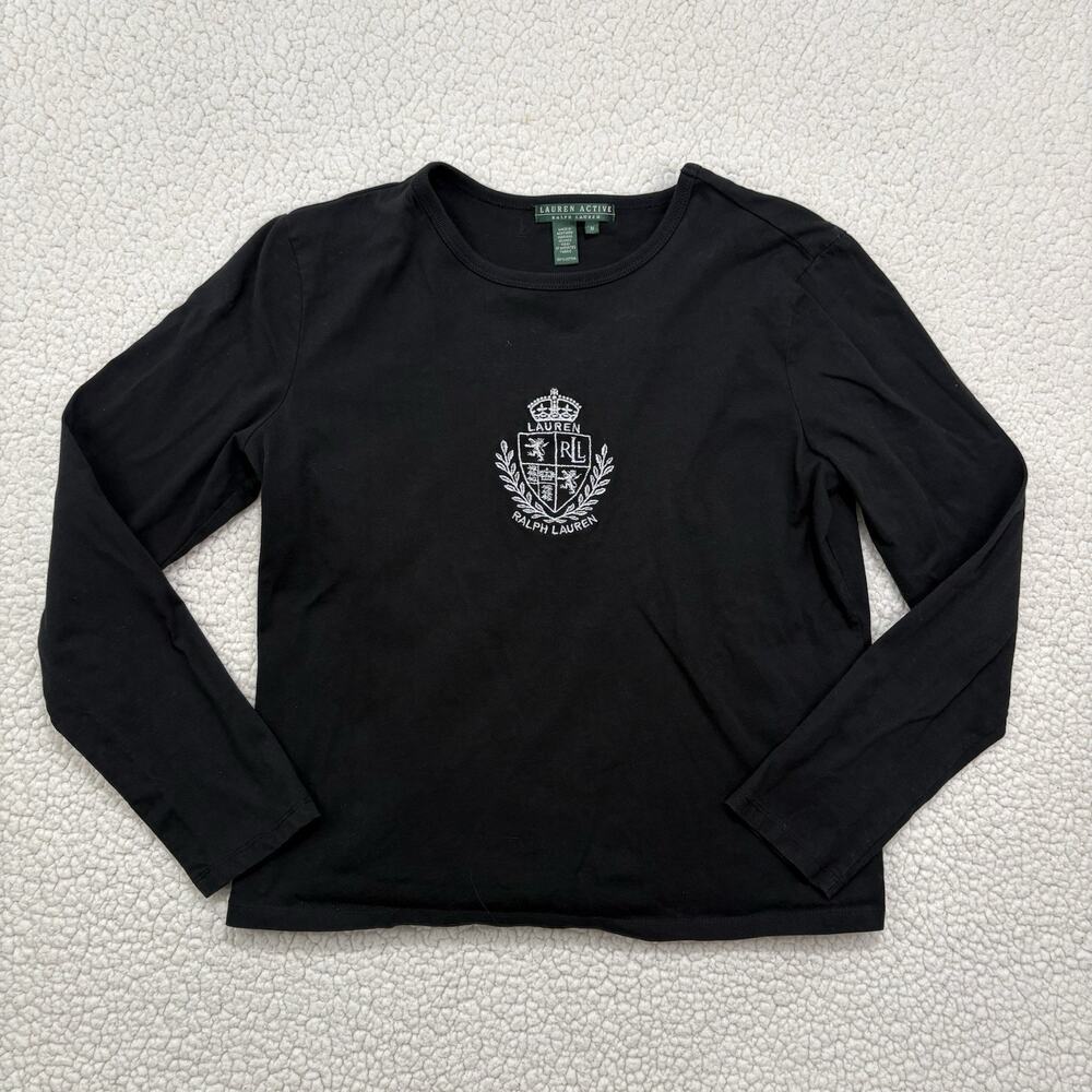 Lauren‎ Active Ralph Lauren Performance Tshirt Women M Black Gold Crest Logo LS